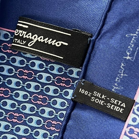 FERRAGAMO: Navy Blue Logo Silk Scarf/Pocket Square 16" x 16" #1358 - Picture 4 of 4